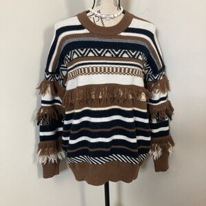 Women’s Brown White Cream Black Stripes with Fringes on the LS Knit Sweater
